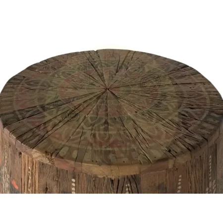 Mesa de centro redonda diseño tambor en madera recuperada acabado nogal envejecido multicolor estilo étnico floral pieza única 51x51x48cm - Giner y Colomer - 2493GYC - foto-secundaria-2