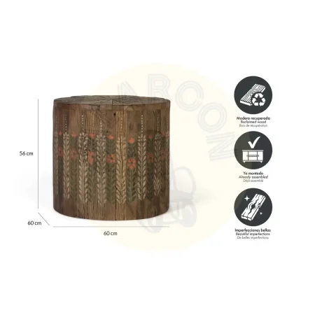 Mesa de centro redonda diseño tambor en madera recuperada acabado nogal envejecido multicolor estilo étnico floral pieza única 51x51x48cm - Giner y Colomer - 2493GYC - foto-secundaria-4