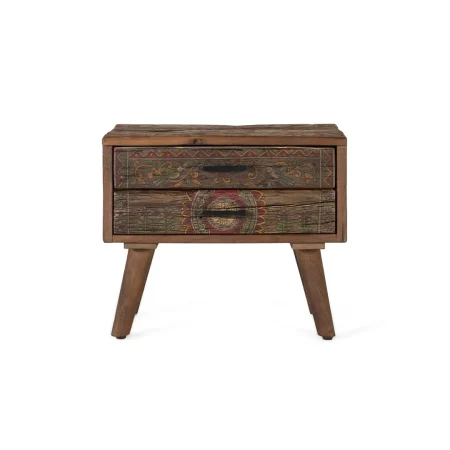 Mesita de noche en madera recuperada 2 cajones acabado nogal envejecido multicolor estilo étnico floral 56x38x49cm - Giner y Colomer - 2498GYC - foto-blanco