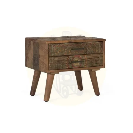 Mesita de noche en madera recuperada 2 cajones acabado nogal envejecido multicolor estilo étnico floral 56x38x49cm - Giner y Colomer - 2498GYC - foto-secundaria-1