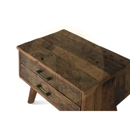 Mesita de noche en madera recuperada 2 cajones acabado nogal envejecido multicolor estilo étnico floral 56x38x49cm - Giner y Colomer - 2498GYC - foto-secundaria-2