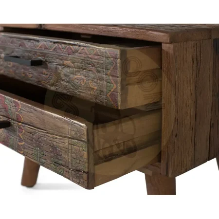 Mesita de noche en madera recuperada 2 cajones acabado nogal envejecido multicolor estilo étnico floral 56x38x49cm - Giner y Colomer - 2498GYC - foto-secundaria-4