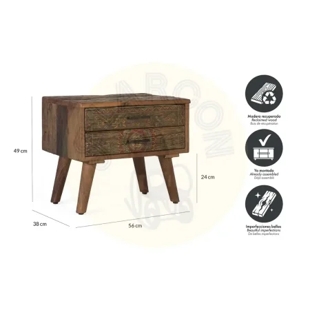 Mesita de noche en madera recuperada 2 cajones acabado nogal envejecido multicolor estilo étnico floral 56x38x49cm - Giner y Colomer - 2498GYC - foto-secundaria-5
