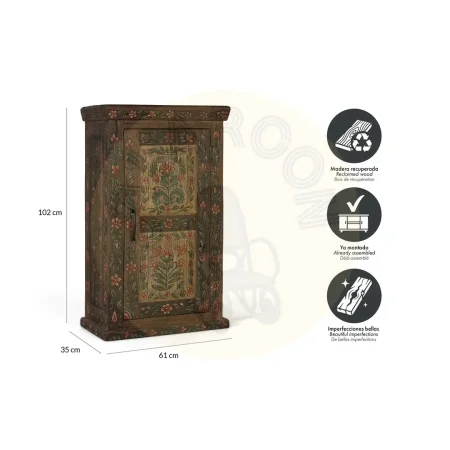 Mueble auxiliar Garden en madera recuperada estilo étnico floral con puerta y estante 61x35x102cm - Giner y Colomer - 2499GYC - foto-secundaria-5