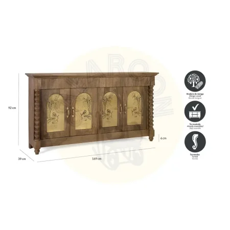 Aparador Bikaner en madera de mango acabado avellana mate con 4 puertas 4 cajones y 2 estantes estilo étnico colonial 169x39x92cm - Giner y Colomer - 2501GYC - foto-secundaria-5