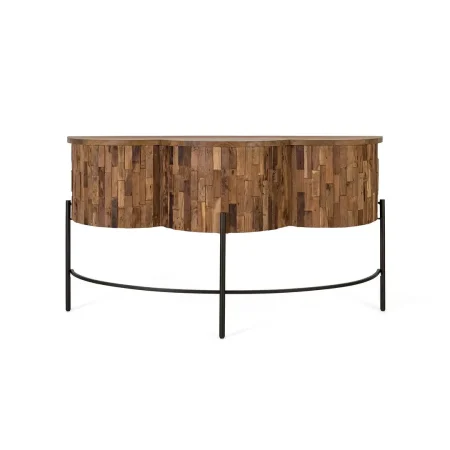 Consola Batea semicircular de teca estriada con detalles en metal negro 165x50x91cm - Giner y Colomer - 2505GYC - foto-blanco