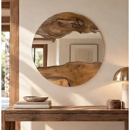 Espejo Musgo redondo marco de madera de raíz de teca reciclada tono miel estilo étnico rústico 80x4.5x80cm - Giner y Colomer - 2514GYC - foto-blanco