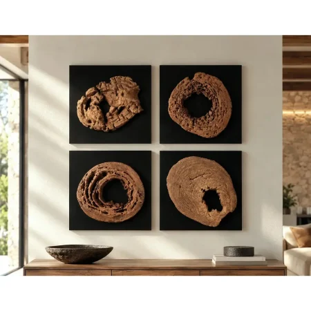 Panel decorativo de pared cuadrado en raíz de teca reciclada y MDF negro 40x7x40cm - Giner y Colomer - 2516GYC - foto-blanco