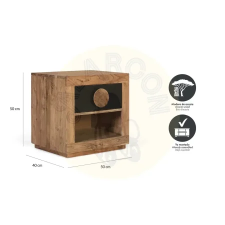 Mesita de noche Essence de madera de acacia acabado mate color natural con patas de mango y un cajón 50x40x50cm - Giner y Colomer - 2535GYC - foto-secundaria-5