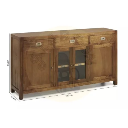 Bufet en mindi con 3 cajones 2 puertas de madera 2 puertas de cristal 3 estantes y accesorios de bronce 160x40x85cm - Moycor - 30001MYC - foto-medidas