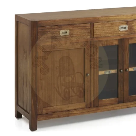 Bufet en mindi con 3 cajones 2 puertas de madera 2 puertas de cristal 3 estantes y accesorios de bronce 160x40x85cm - Moycor - 30001MYC - foto-secundaria-5