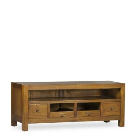 Mueble TV en madera de mindi maciza con 4 cajones 1 hueco y cajón secreter con accesorios de bronce 110x40x45cm - Moycor - 30013MYC - foto-blanco