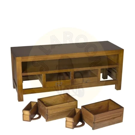 Mueble TV en madera de mindi maciza con 4 cajones 1 hueco y cajón secreter con accesorios de bronce 110x40x45cm - Moycor - 30013MYC - foto-secundaria-3