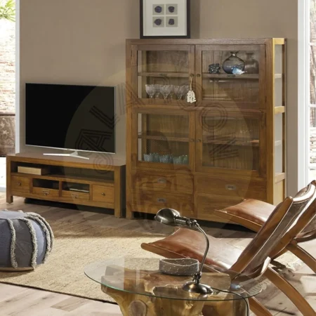 Mueble TV en madera de mindi maciza con 4 cajones 1 hueco y cajón secreter con accesorios de bronce 110x40x45cm - Moycor - 30013MYC - foto-secundaria-6