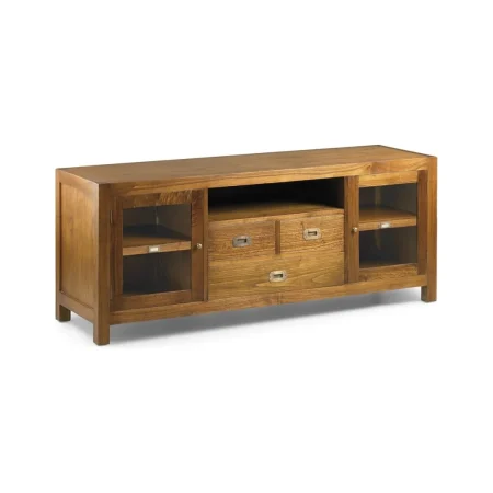Mueble TV en mindi con accesorios de bronce 3 cajones 2 puertas y hueco para equipos electrónicos 150x45x60cm - Moycor - 30128MYC - foto-blanco