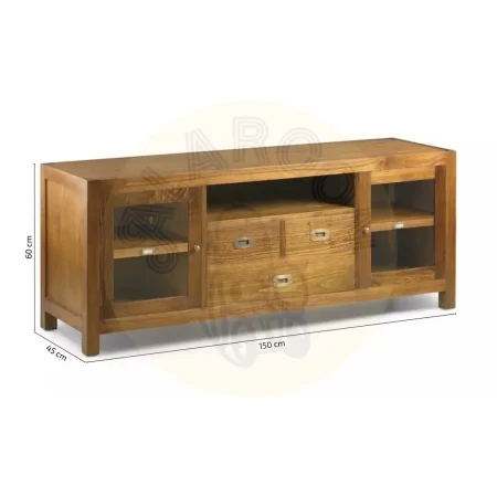 Mueble TV en mindi con accesorios de bronce 3 cajones 2 puertas y hueco para equipos electrónicos 150x45x60cm - Moycor - 30128MYC - foto-medidas