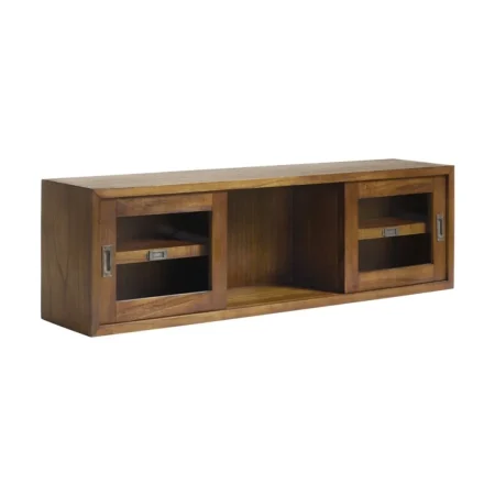 Estante de pared artesanal en madera de mindi con puertas correderas de cristal accesorios en bronce estantes laterales y hueco central 120x25x35cm - Moycor - 30138MYC - foto-blanco