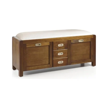 Banco zapatero en madera de mindi estructura maciza con cojín 100% poliéster 3 cajones y 2 puertas con separadores interiores removibles accesorios de bronce color plata 125x38x50cm - Moycor - 301505MYC - foto-blanco