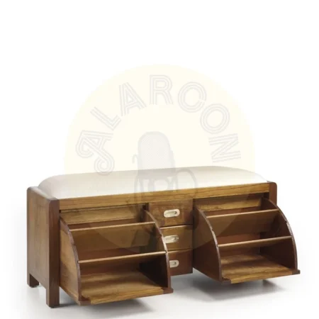 Banco zapatero en madera de mindi estructura maciza con cojín 100% poliéster 3 cajones y 2 puertas con separadores interiores removibles accesorios de bronce color plata 125x38x50cm - Moycor - 301505MYC - foto-secundaria-1