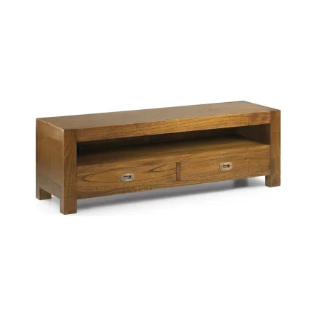 Mueble TV artesanal de madera de mindi con 2 cajones y detalles en bronce 130x40x40cm - Moycor - 30151MYC - foto-blanco