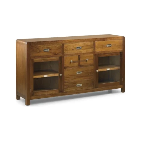 Bufet en madera de mindi colección Flash 5 cajones 2 puertas de cristal con estante y herrajes plata 160x40x85cm - Moycor - 301528MYC - foto-blanco