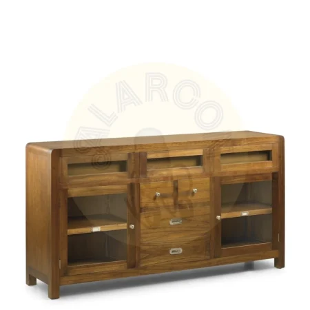Bufet en madera de mindi colección Flash 5 cajones 2 puertas de cristal con estante y herrajes plata 160x40x85cm - Moycor - 301528MYC - foto-secundaria-1