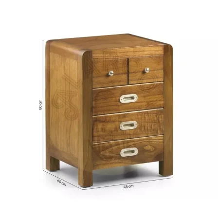 Mesita de noche en madera de mindi con accesorios de bronce color plata y 2 cajones pequeños y 3 cajones grandes 45x40x60cm - Moycor - 301533MYC - foto-medidas