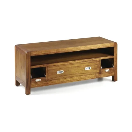 Mueble TV en madera de mindi artesanal estructura maciza accesorios de bronce color plata 1 cajón central 2 cajones extraíbles 1 estante 115x40x47cm - Moycor - 301551MYC - foto-blanco