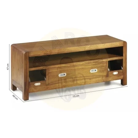 Mueble TV en madera de mindi artesanal estructura maciza accesorios de bronce color plata 1 cajón central 2 cajones extraíbles 1 estante 115x40x47cm - Moycor - 301551MYC - foto-medidas