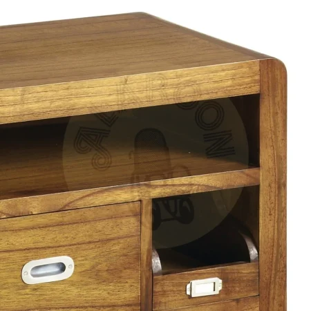 Mueble TV en madera de mindi artesanal estructura maciza accesorios de bronce color plata 1 cajón central 2 cajones extraíbles 1 estante 115x40x47cm - Moycor - 301551MYC - foto-secundaria-1