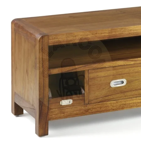 Mueble TV en madera de mindi artesanal estructura maciza accesorios de bronce color plata 1 cajón central 2 cajones extraíbles 1 estante 115x40x47cm - Moycor - 301551MYC - foto-secundaria-2
