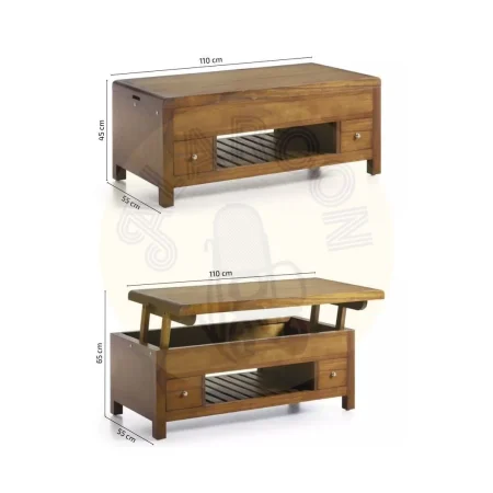 Mesa de centro elevable en mindi con 2 cajones y un hueco con tiradores plateados y accesorios en bronce-65cm 110x55x45cm - Moycor - 301559MYC - foto-medidas