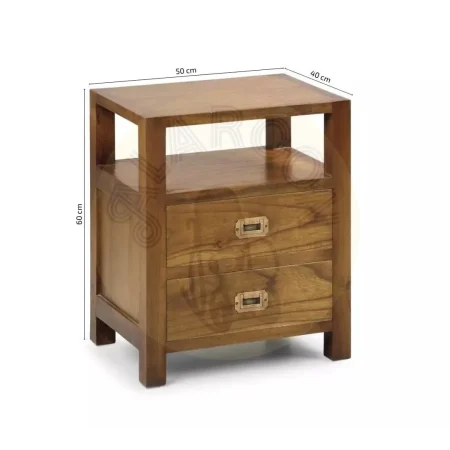 Mesita en mindi de fabricación artesanal estructura maciza dos cajones macizos con guías de madera y hueco superior 50x40x60cm - Moycor - 30164MYC - foto-medidas