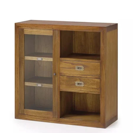 Vitrina auxiliar Combi en mindi con 2 cajones 1 puerta 4 estantes y tiradores de bronce 90x35x90cm - Moycor - 301911IMYC - foto-blanco