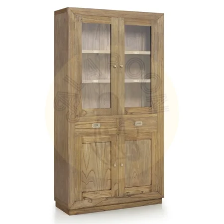 Vitrina Merapi en madera de mindi hecha a mano con accesorios de bronce tiradores plateados 2 cajones 4 puertas 100x40x190cm - Moycor - 302002MYC - foto-secundaria-2