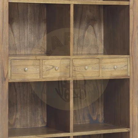 Librería en mindi colección Merapi con 2 cajones amplios 4 cajones pequeños 8 huecos y accesorios de bronce y tiradores plateados 100x40x190cm - Moycor - 302003MYC - foto-secundaria-1