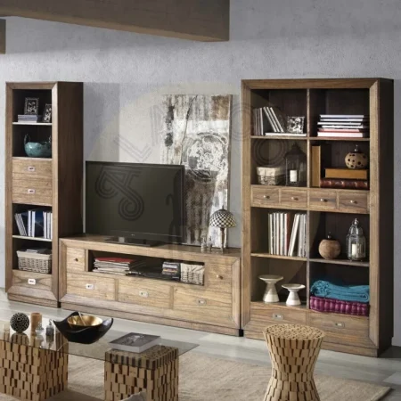 Librería en mindi colección Merapi con 2 cajones amplios 4 cajones pequeños 8 huecos y accesorios de bronce y tiradores plateados 100x40x190cm - Moycor - 302003MYC - foto-secundaria-3