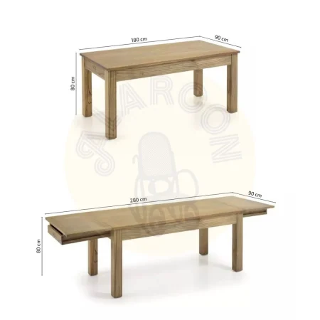 Mesa de comedor en mindi con 2 extensiones y cajón tiradores plata accesorios bronce 280x90x80cm - Moycor - 302007MYC - foto-medidas