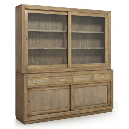 Vitrina en mindi fabricada a mano con accesorios de bronce y tiradores plateados 2 puertas correderas 2 estantes 200x40x132cm - Moycor - 302013MYC - foto-blanco