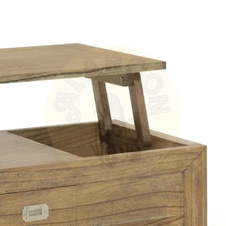 Mesa de centro elevable en mindi fabricada a mano con 2 cajones tiradores plateados y accesorios de bronce 110x55x45cm - Moycor - 302014MYC - foto-secundaria-2