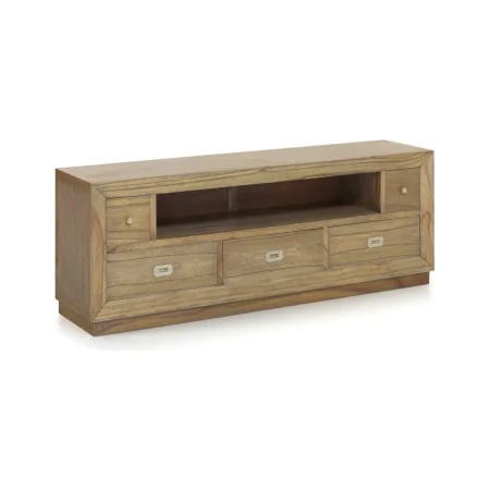 Mueble TV de madera de mindi con accesorios de bronce y tiradores plateados 5 cajones y espacio abierto para equipos electrónicos 160x40x59cm - Moycor - 302018MYC - foto-blanco