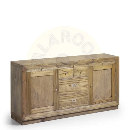 Bufet Merapi en madera de mindi con 2 cajones grandes 2 cajones pequeños uno con cajón secreter 2 puertas con estante interior y 3 bandejas extraíbles accesorios de bronce color plata 160x40x80cm - Moycor - 302025MYC - foto-secundaria-1