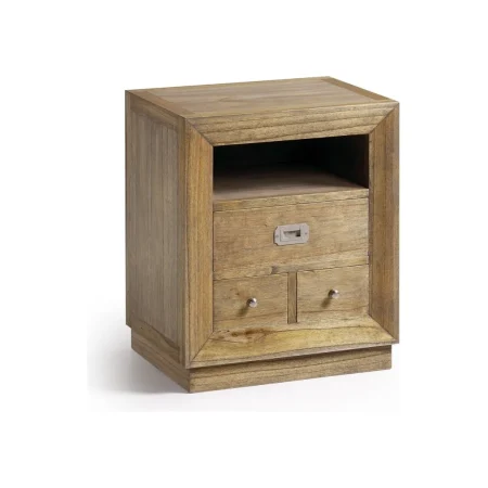 Mesita de noche Merapi en madera de mindi hecha a mano 3 cajones accesorios de bronce tiradores plateados 50x40x60cm - Moycor - 302026MYC - foto-blanco