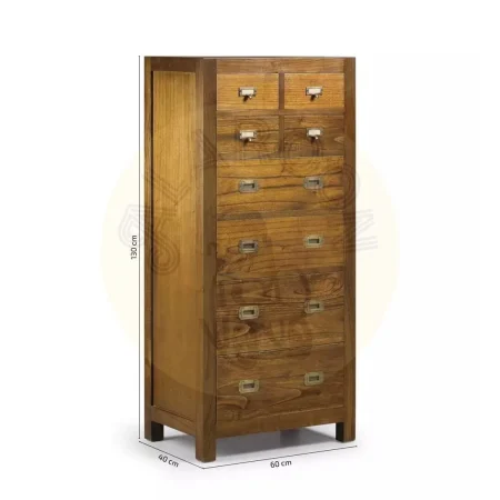 Cómoda en madera de mindi maciza 4 cajones grandes y 4 pequeños con accesorios de bronce 60x40x130cm - Moycor - 30291MYC - foto-medidas