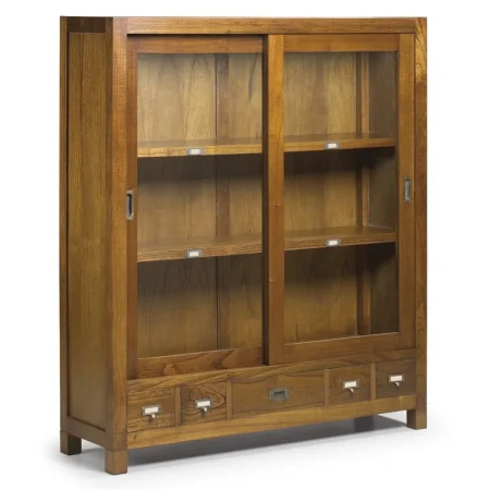 Vitrina de mindi con puertas correderas de cristal 5 cajones 2 estantes accesorios de bronce incluye 4 patas opcionales 120x40x137cm - Moycor - 30297MYC - foto-blanco