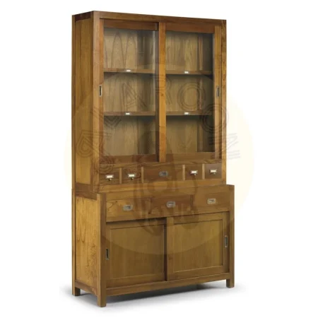 Vitrina de mindi con puertas correderas de cristal 5 cajones 2 estantes accesorios de bronce incluye 4 patas opcionales 120x40x137cm - Moycor - 30297MYC - foto-secundaria-2