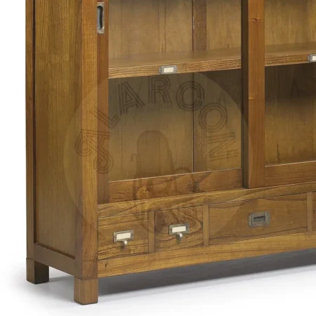 Vitrina de mindi con puertas correderas de cristal 5 cajones 2 estantes accesorios de bronce incluye 4 patas opcionales 120x40x137cm - Moycor - 30297MYC - foto-secundaria-4