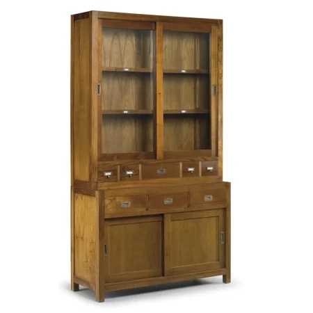 Bufet en madera de mindi con 2 puertas correderas 3 cajones y 1 estante interior con accesorios de bronce 120x50x80cm - Moycor - 30298MYC - foto-blanco