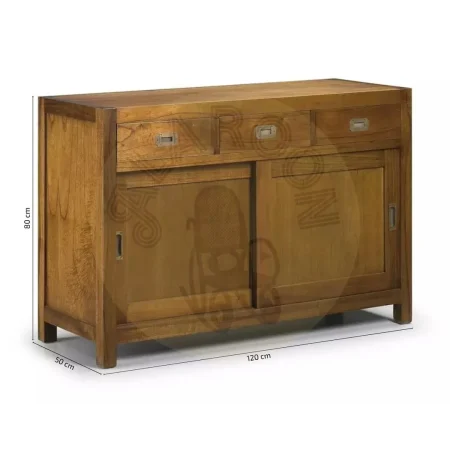 Bufet en madera de mindi con 2 puertas correderas 3 cajones y 1 estante interior con accesorios de bronce 120x50x80cm - Moycor - 30298MYC - foto-medidas