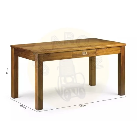 Mesa de comedor rectangular en mindi con accesorios de bronce y 2 cajones 150x85x78cm - Moycor - 30301MYC - foto-medidas